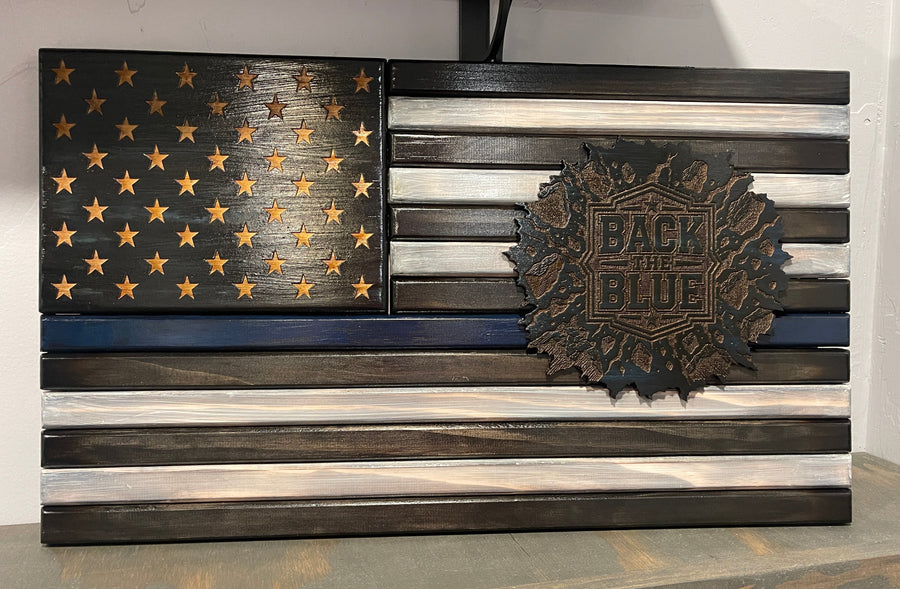 The Unbroken Blue Line – Police Wooden American Flag