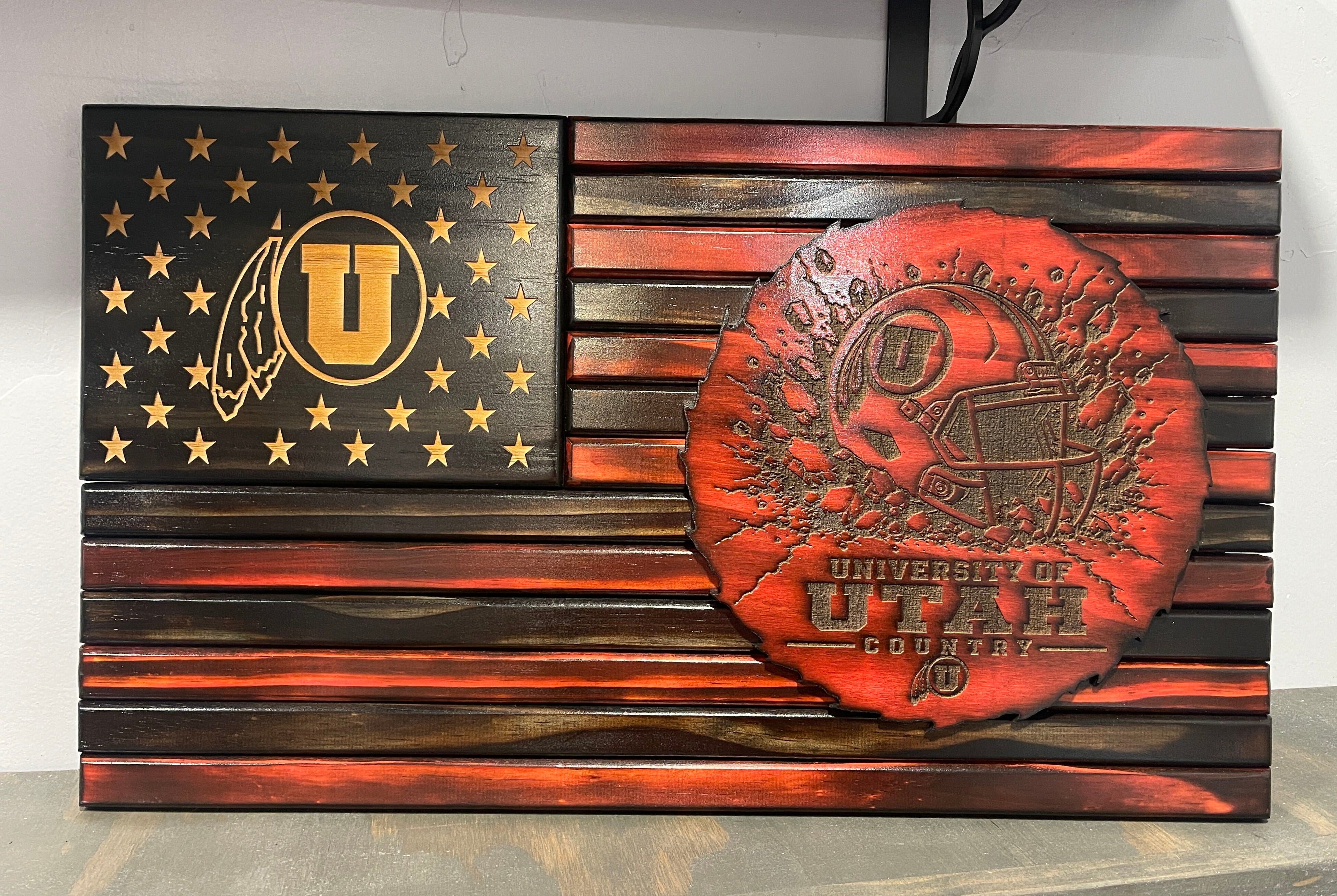 Utah Utes Wooden American Flag