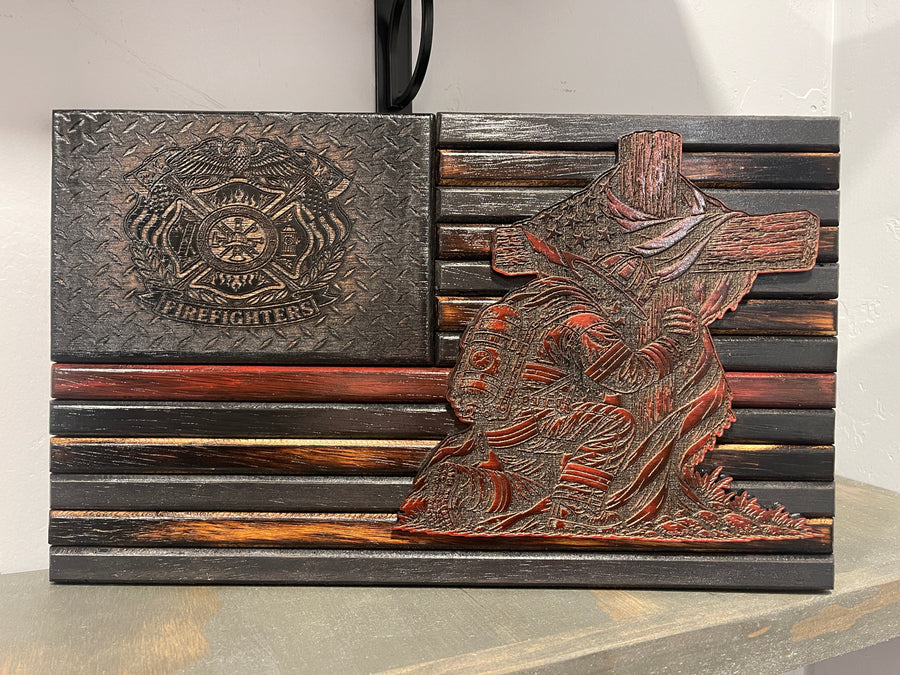 Faith Under Fire Wood Flag  – Firefighter Wooden American Flag