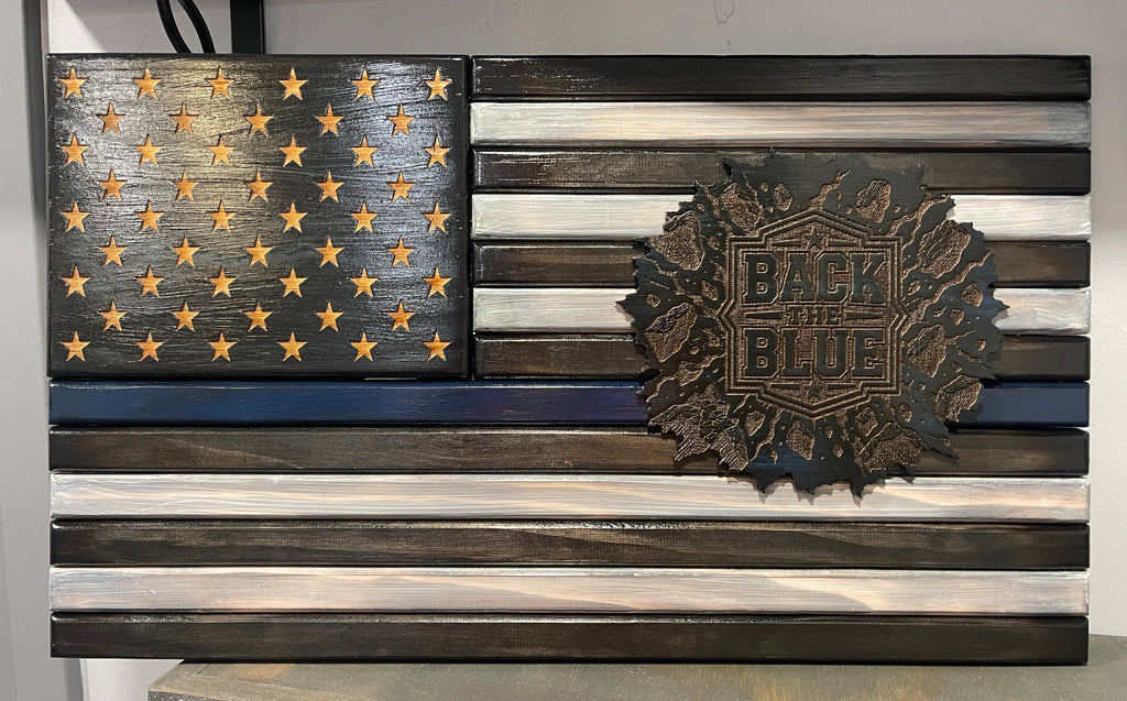 The Unbroken Blue Line – Police Wooden American Flag